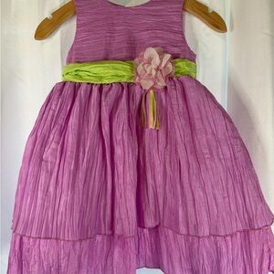 Blueberi Boulevard Pink Layered Dress with Green Sash and Flower